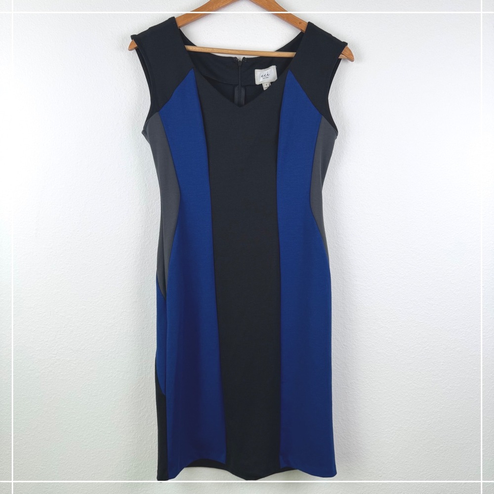 ECI Sheath Dress Womens 6 Black Blue Colorblock Excellent Office Chic